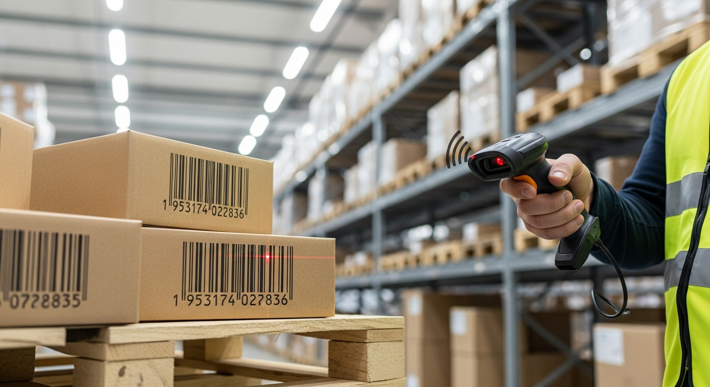 Warehouse operator scanning inventory with a handheld barcode scanner